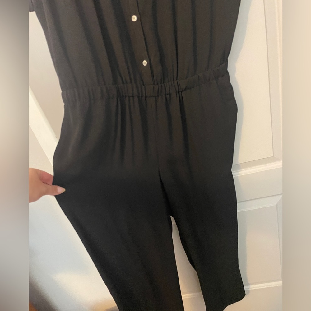 ew J Crew Size Large Black Cuffed Camp Shirt Jumpsuit Womens Button Pockets - Picture 8 of 10